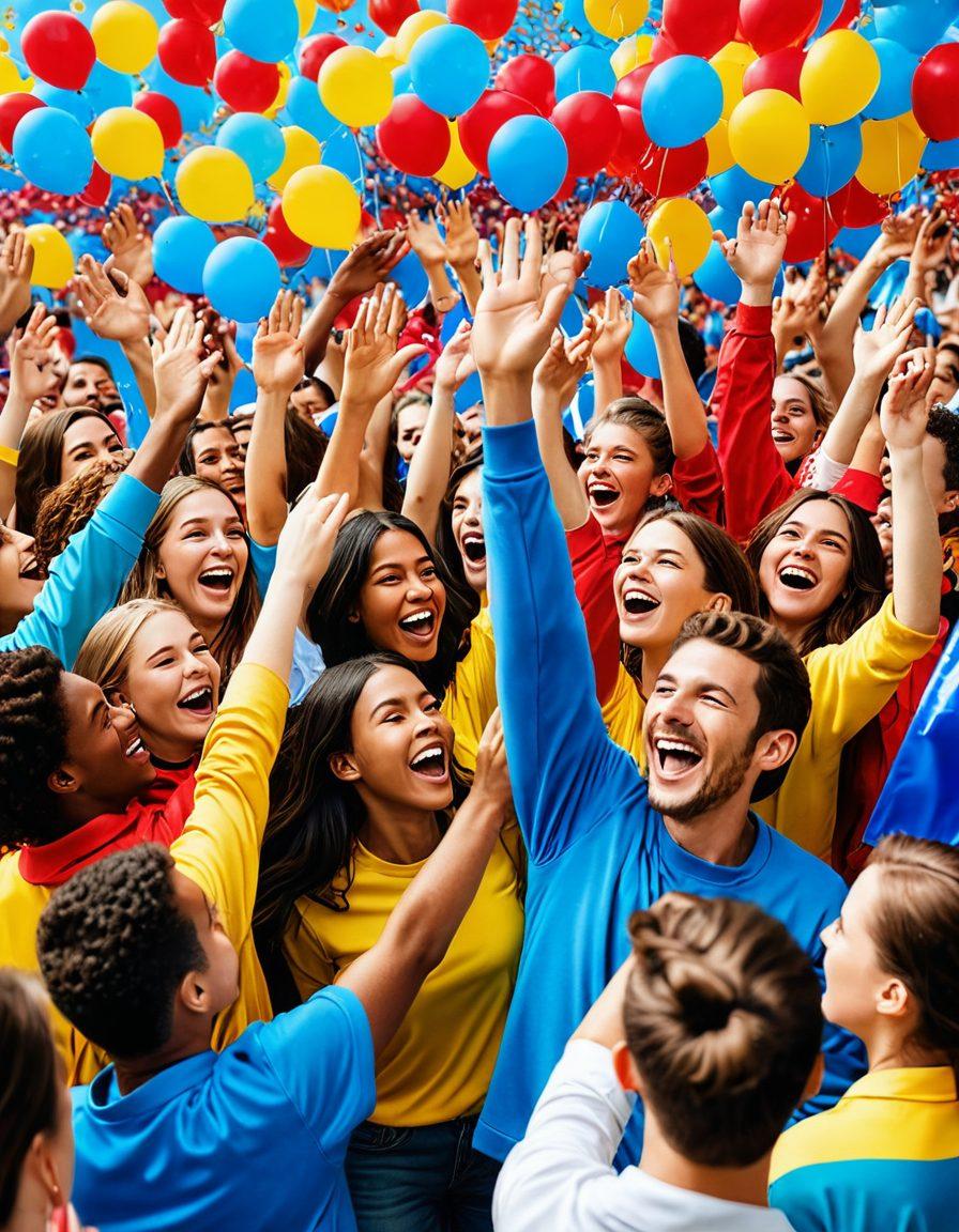 A vibrant illustration depicting an enthusiastic crowd in a fan zone, celebrating their passion. Include banners, flags, and joyful expressions, surrounded by diverse fans wearing merchandise. Capture the essence of community with people high-fiving and sharing moments together. The background should feature energetic colors and playful elements that evoke excitement. vibrant colors. 3D. lively atmosphere.