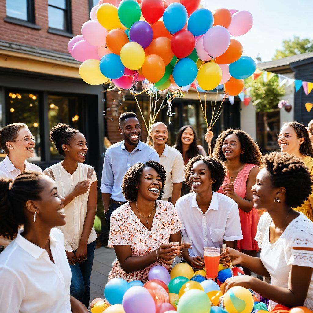 A vibrant gathering of diverse individuals sharing smiles and laughter, surrounded by colorful decorations that represent the Simons community; people engaging in joyful activities, such as crafting and storytelling, with balloons and banners in the background; warm sunlight illuminating their cheerful expressions, symbolizing unity and happiness. colorful illustration. vibrant colors. community spirit.